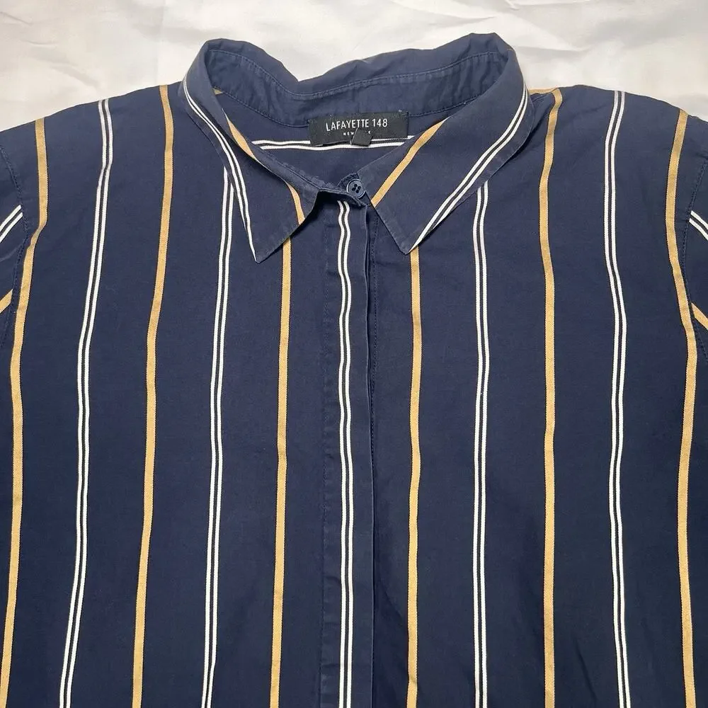 Lafayette 148 New York Shirt Size L Navy Stripe Brayden Riverside Long Sleeve - Picture 5 of 13